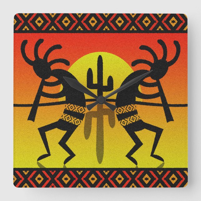 Southwest Kokopelli Cactus Tribal Design Quadratische Wanduhr (Vorderseite)