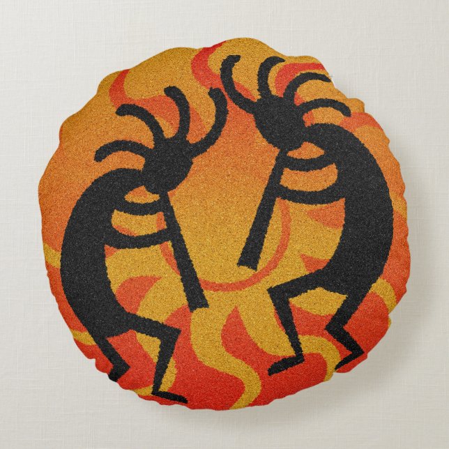 Southwest Orange Tribal Wüste Sun Kokopelli Rundes Kissen (Rückseite)