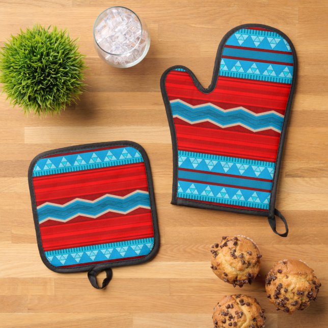 Southwest River Canyon Geometric Red Turquoise Ofenhandschuh & Topflappen-Set (Oben Unten)
