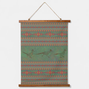 Southwest Roadrunners Sage Grün Geometrisch Wandteppich Mit Holzrahmen