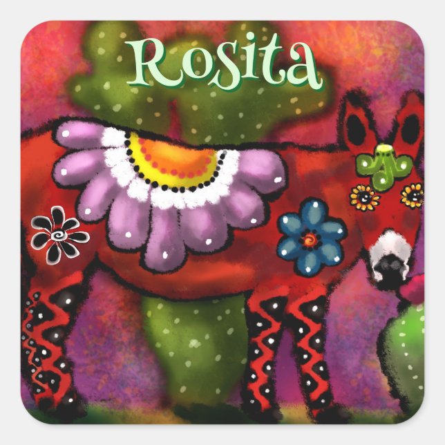 Southwest Talavera-Style Donkey Personalized Quadratischer Aufkleber (Vorderseite)