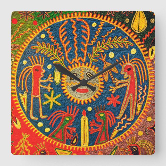 Southwest Tribal Huichol Shaman Ritual Wall Clock Quadratische Wanduhr (Vorderseite)