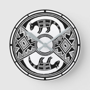 Southwestern Art Wolves Ancient Mimbres Potterie Runde Wanduhr