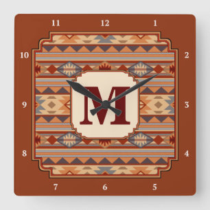 Southwestern Design Tan Monogram Quadratische Wanduhr