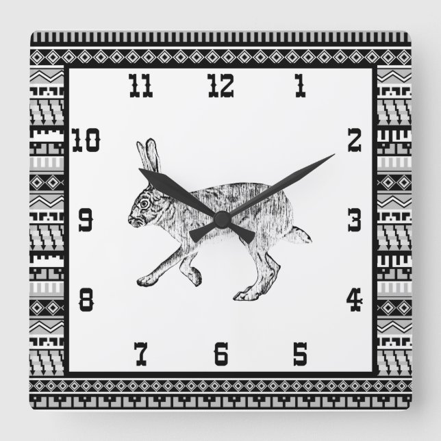 Southwestern Jackrabbit and Geometric Patterns Squ Quadratische Wanduhr (Vorderseite)