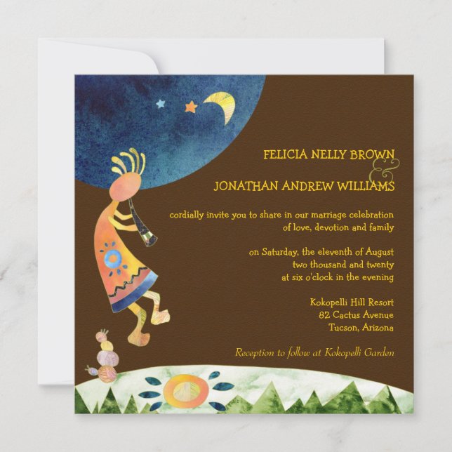 Southwestern Kokopelli Brown Tribal Wedding Einladung (Vorderseite)