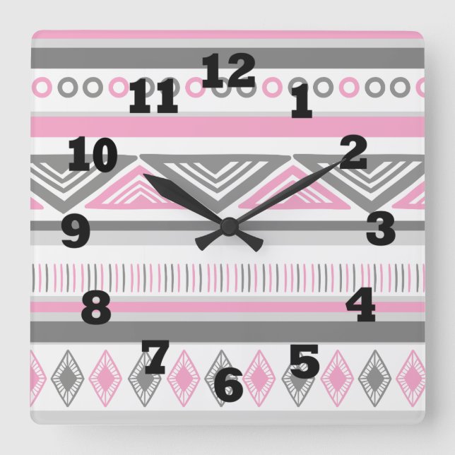 Southwestern Pink White and Gray Quadratische Wanduhr (Vorderseite)