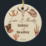 Southwestern Ranch Gastgeschenk Hochzeit Geschenke Keramik Ornament<br><div class="desc">Südwestlich Land Ranch Western Cowgirl Hochzeit Foto Brautparty Geschenke. Western-Kunst und Schriftart gemischt mit modernem Pinselskript mit Foto hinten. Kann ein Dankeschön für ein Geschenk für Freunde, Familienmitglieder, Brautparty Geschenke.</div>