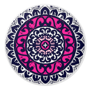 Southwestern Sun Mandala, Fuchsia, Navy & White Keramikknauf