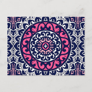 Southwestern Sun Mandala, Fuchsia, Navy & White Postkarte