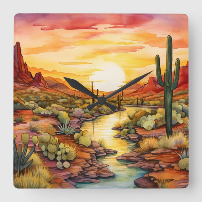 Southwestern Sunset Wall Clock Quadratische Wanduhr (Vorderseite)