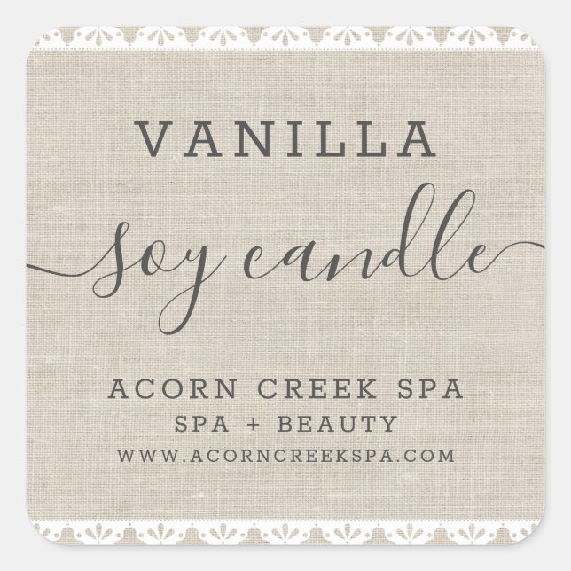 Soy Candle Label | Rustic Burlap Lace Quadratischer Aufkleber (Vorderseite)