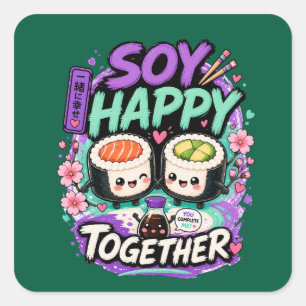 Soy Happy Together – Süßes Kawaii Sushi-Pärchen Quadratischer Aufkleber