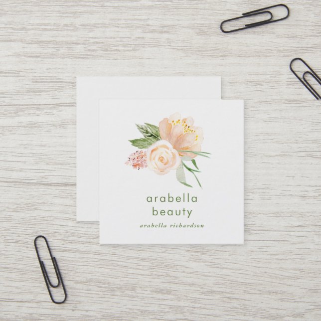 Sozial-Medium-Ikonen des Pfirsich-Aquarell-Blumen| Quadratische Visitenkarte (Vorderseite/Rückseite Beispiel)
