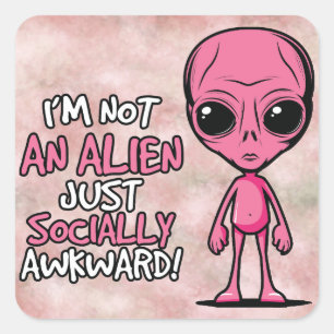 Sozial unbeholfener Alien-Cartoon Quadratischer Aufkleber