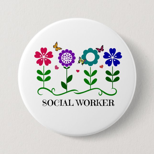 Sozialarbeiter... Blume, Herz und Schmetterlinge Button (Vorderseite)