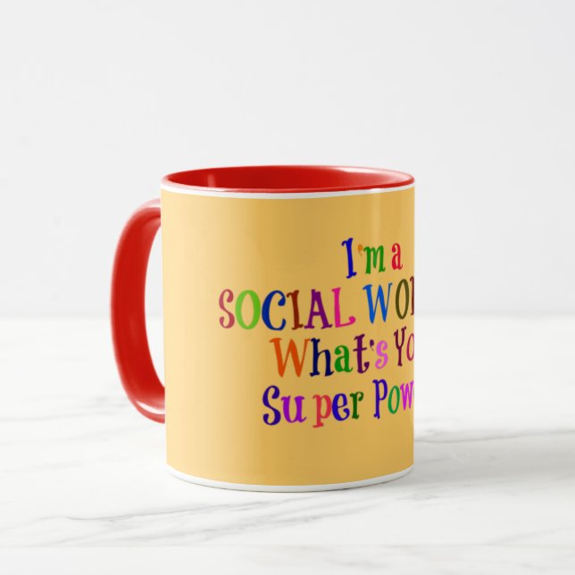 Sozialarbeiter Superheld, farbiger Text Tasse (Vorderseite Links)