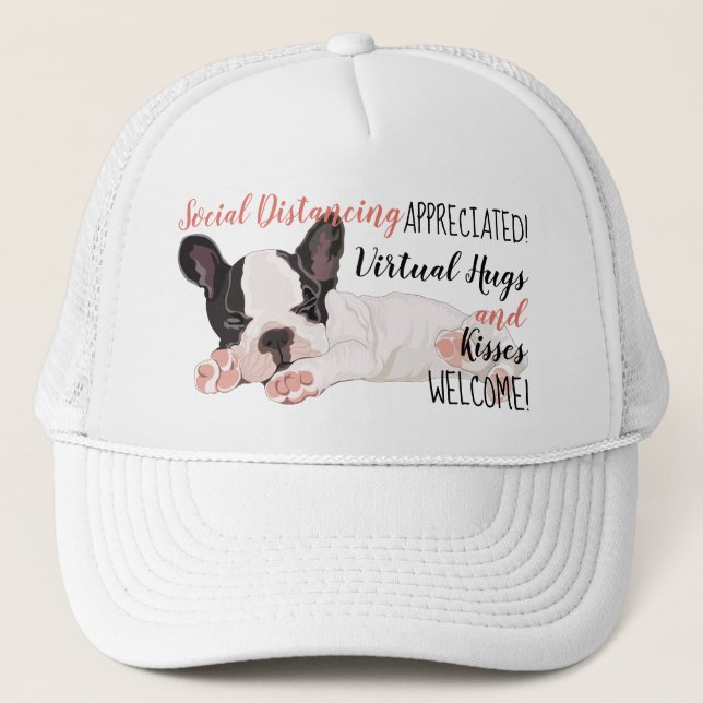 Soziale Distanzierung Boston Terrier Puppy Virtual Truckerkappe (Vorderseite)