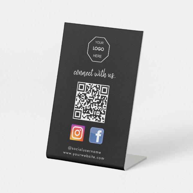 Sozialen Medien | Kontakt | QR Code Black Business Sockelschild (Vorderseite)