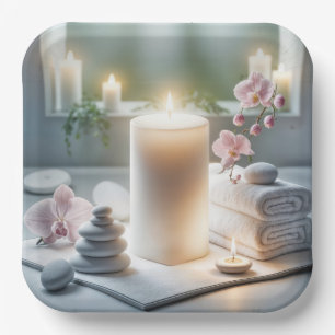 Spa-Orchideen und leuchtende Kerzen Pappteller