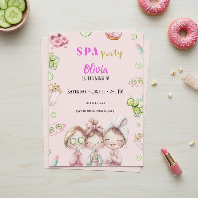 Spa Party Invitation Girls Pamper Birthday Einladung (Girls spa party invitation with pink pamper theme and watercolor beauty design)