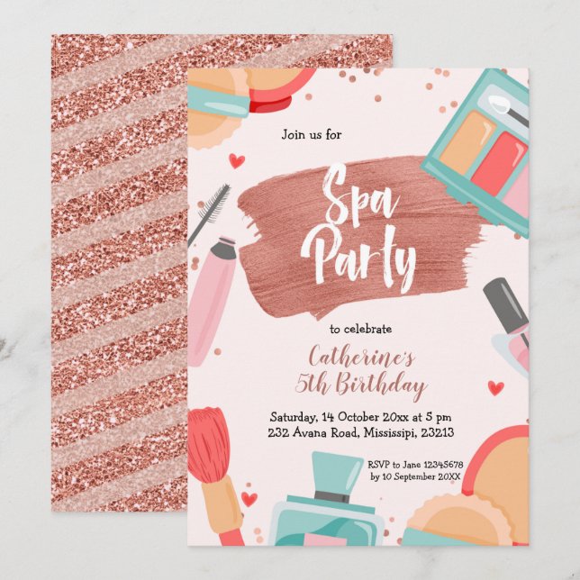 Spa Party Rose Gold Anniversaire Invitation (Devant / Derrière)