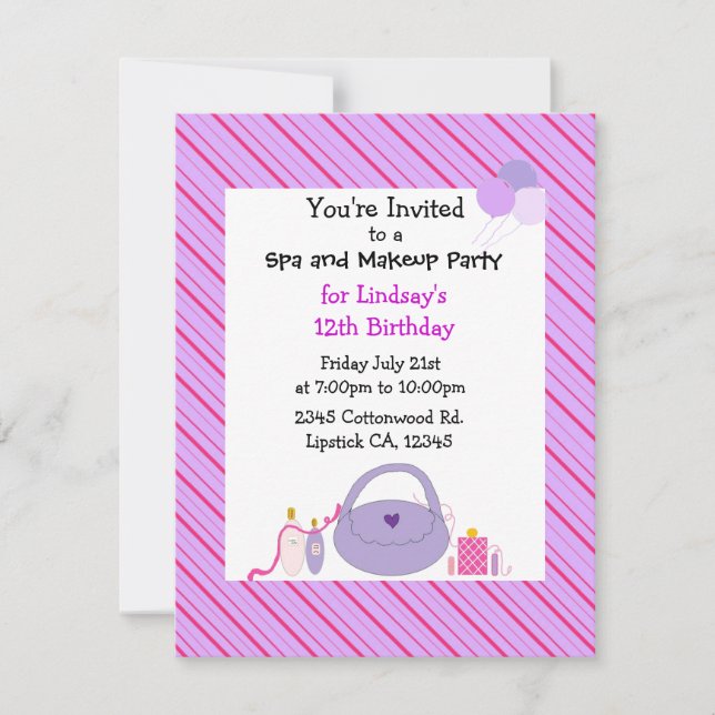 Spa rayé et maquillage Invitation d'anniversaire (Devant)