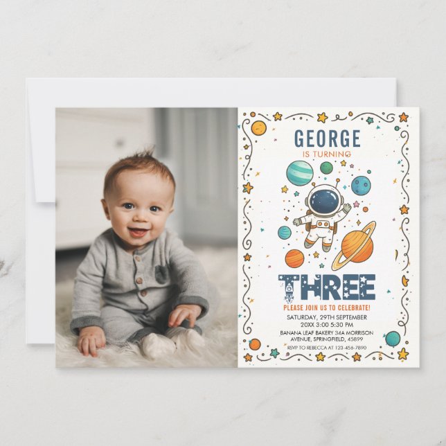 Space Adventure 3rd birthday | Outer Space photo Einladung (Vorderseite)