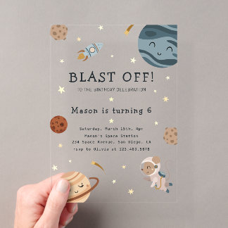 Space Adventure Playful Kids Birthday Party Acryleinladungen