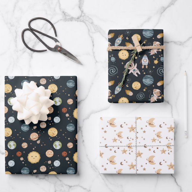 Space Adventure Playful Kids Birthday Party Geschenkpapier Set (Vorderseite)