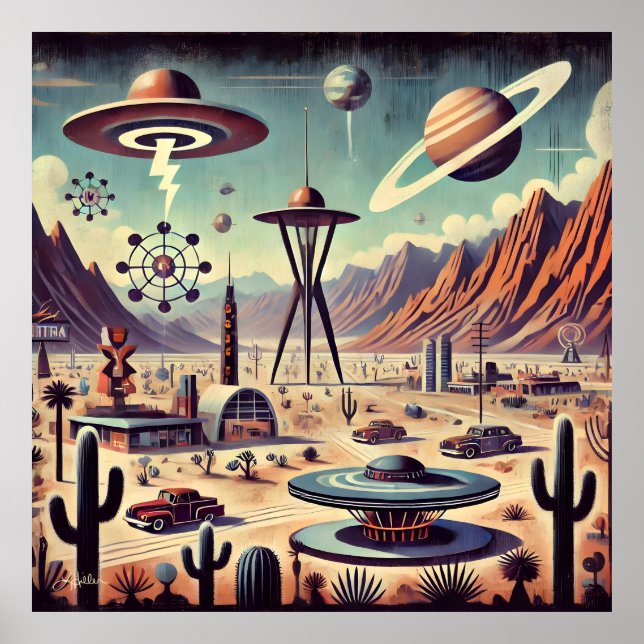 Space Age Alien Desert Invasion Fantasy Art Poster (Vorne)