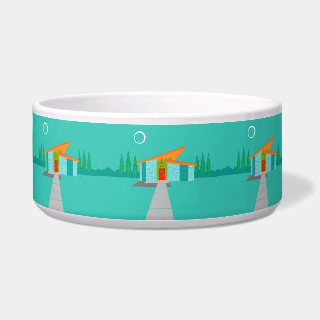 Space Age Cartoon House Keramik Dog Bowl Napf (Vorderseite)