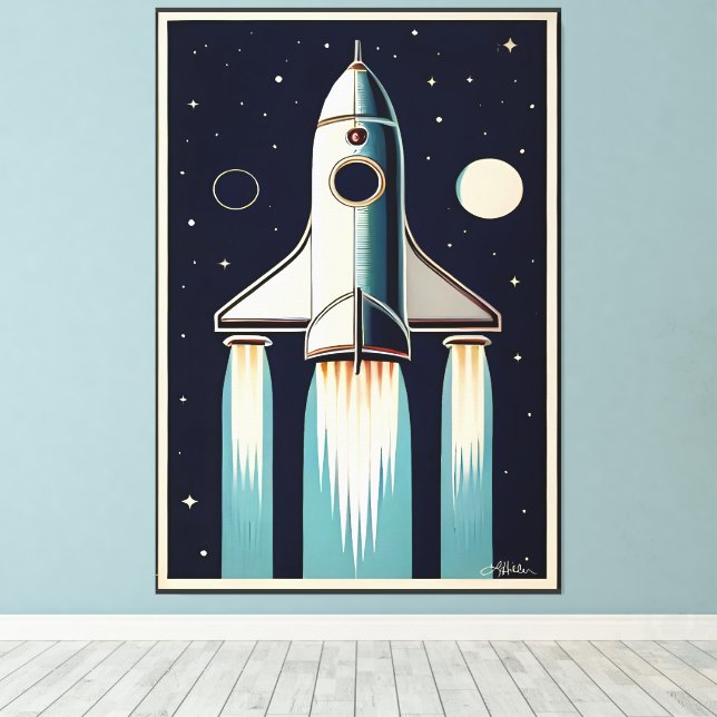 Space Age Retro 50s Rocket Ship Leinwanddruck (Insitu (Holzboden))