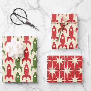 Space Age Retro Red Green Creme 50er Weihnachten Geschenkpapier Set