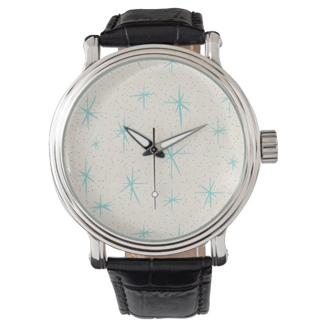 Space Age Türkis Sternexplosionen Leather Watch Armbanduhr (Vorderseite)