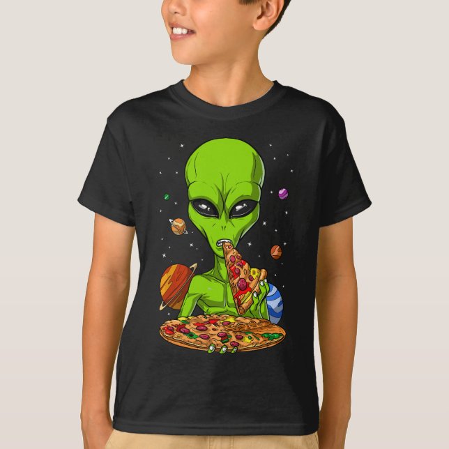 Space Alien Eating Pizza Funny UFO Science Fiction T-Shirt (Vorderseite)