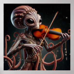Space Alien Femail Octopus Geige spielen Poster