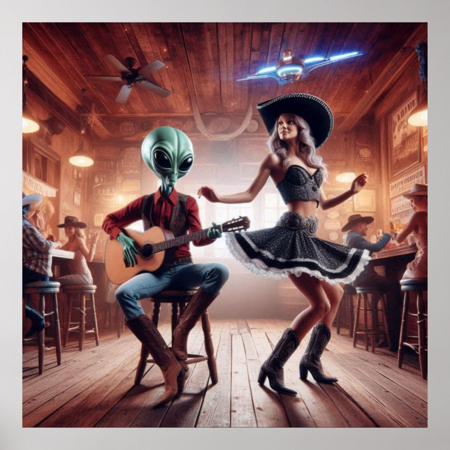 Space Alien spielt Gitarre Cowgirl tanzen Poster (Vorne)