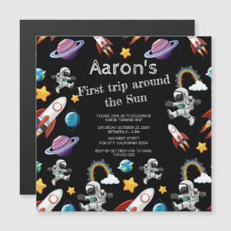 Space Astronaut Black First Birthday Party Magneteinladung