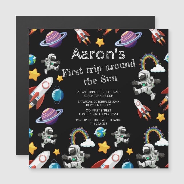 Space Astronaut Black First Birthday Party Magneteinladung (Vorne/Hinten)