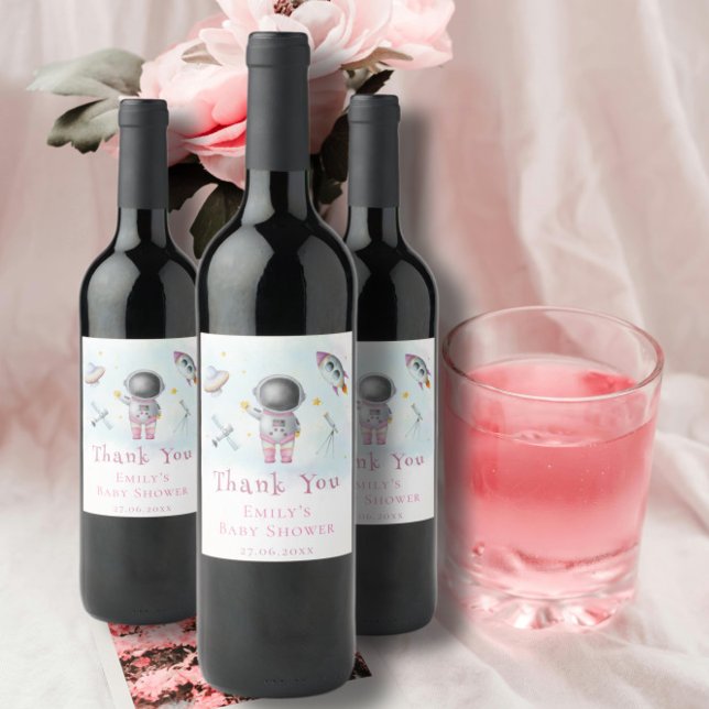 Space baby Girl Astronaut rocket stars Kinderdusch Weinetikett (Von Creator hochgeladen)