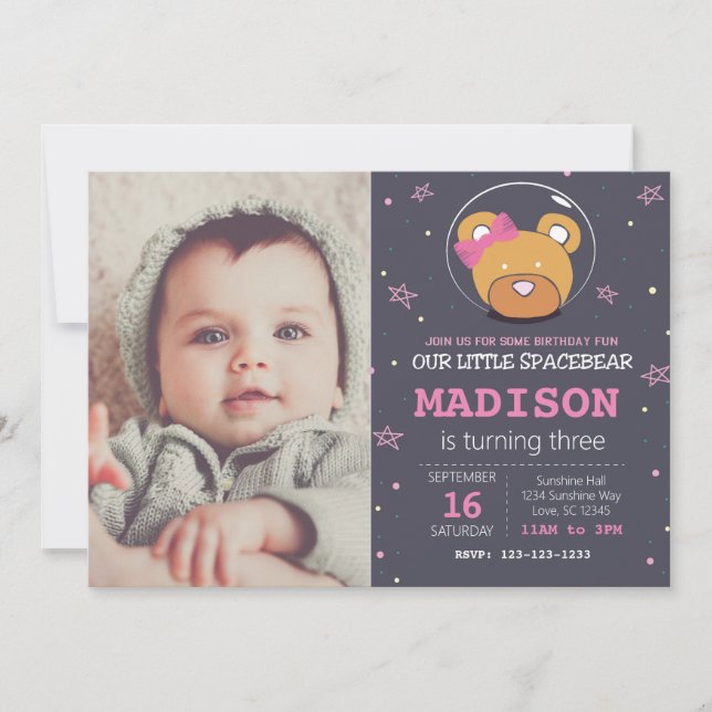 Space Bear rose Anniversaire Invitation avec photo (Devant)