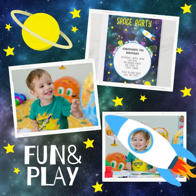 Space Birthday Blue Yellow star Planet Einladung (Von Creator hochgeladen)