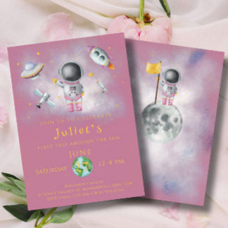 Space Birthday Girl Astronaut Raketen Sterne Party Einladung