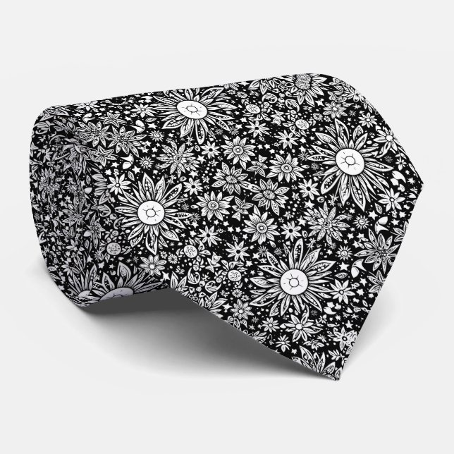 Space Blume Blumenschwarz und Weiß Muster Krawatte (Gerollt)