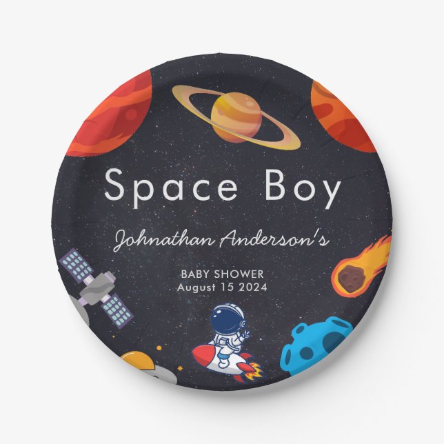Space Boy Planets Niedlich Astronaut Baby Dusche Pappteller (Vorderseite)
