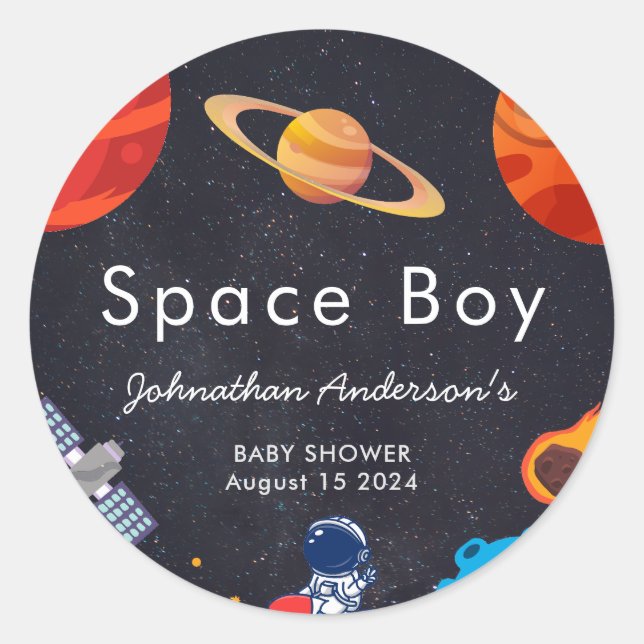Space Boy Planets Niedlich Astronaut Baby Dusche Runder Aufkleber (Vorderseite)