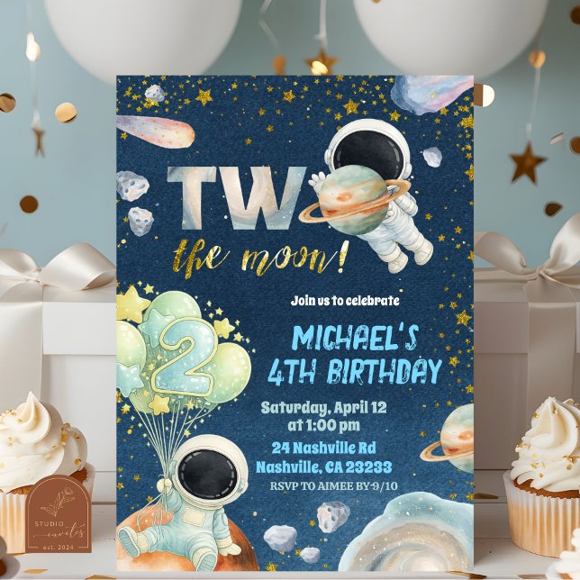 Space Boy TWO the moon Birthday Invitation Einladung (Von Creator hochgeladen)