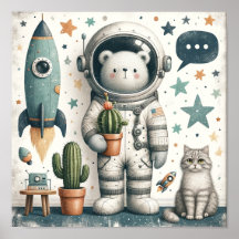 Space Cactus Bear Kids Room Mauer Art