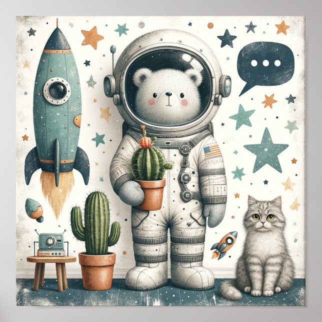 Space Cactus Bear Kids Room Mauer Art Poster (Vorne)